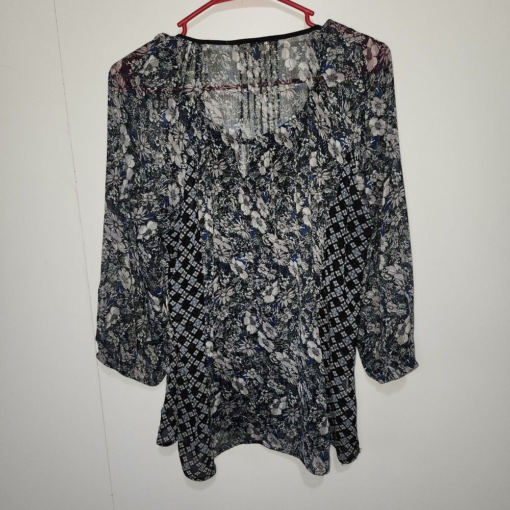 Daniel Rainn Floral Lace Trim Semi Sheer Boho Blouse Women's Petite Large - Picture 5 of 9